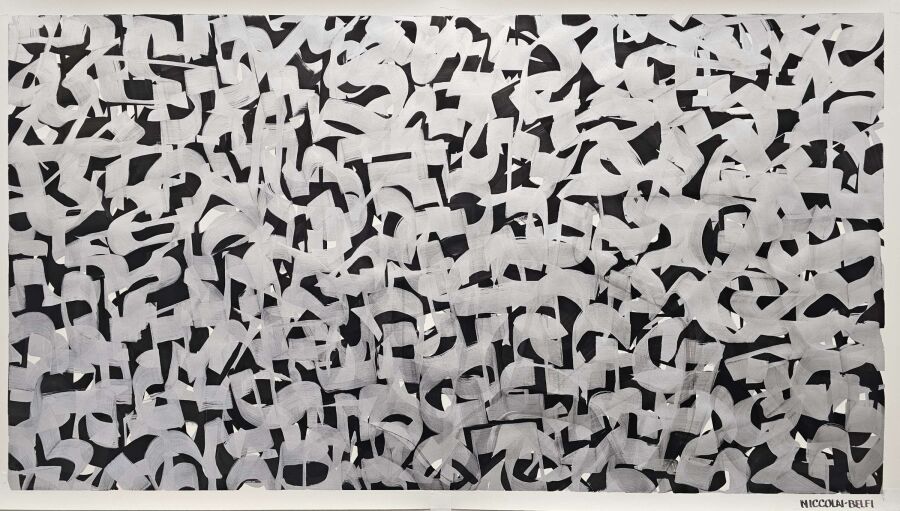 Short black brush marks scattered evenly across white paper, thickening into a darker drift through the lower half.
