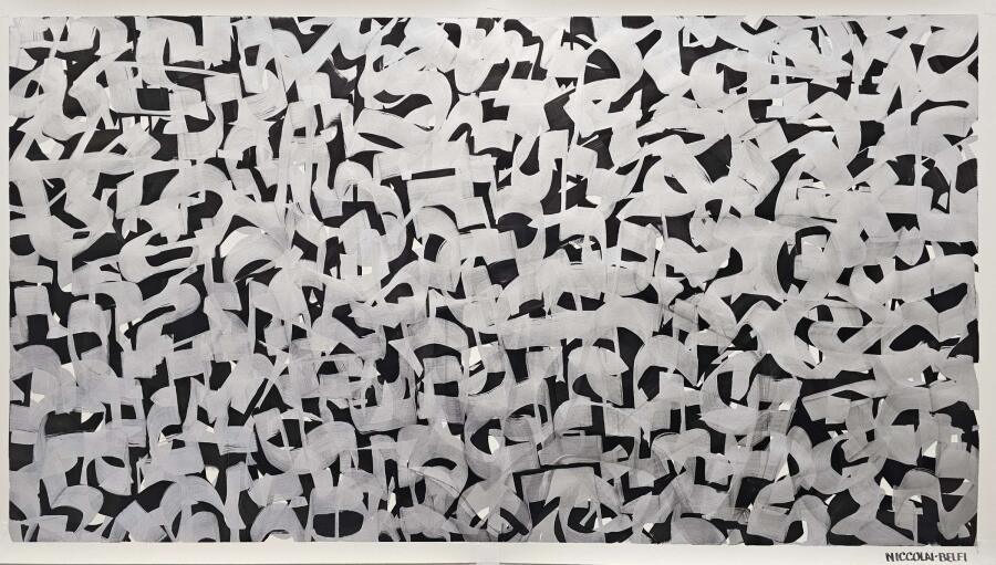 Short black brush marks scattered evenly across white paper, thickening into a darker drift through the lower half.