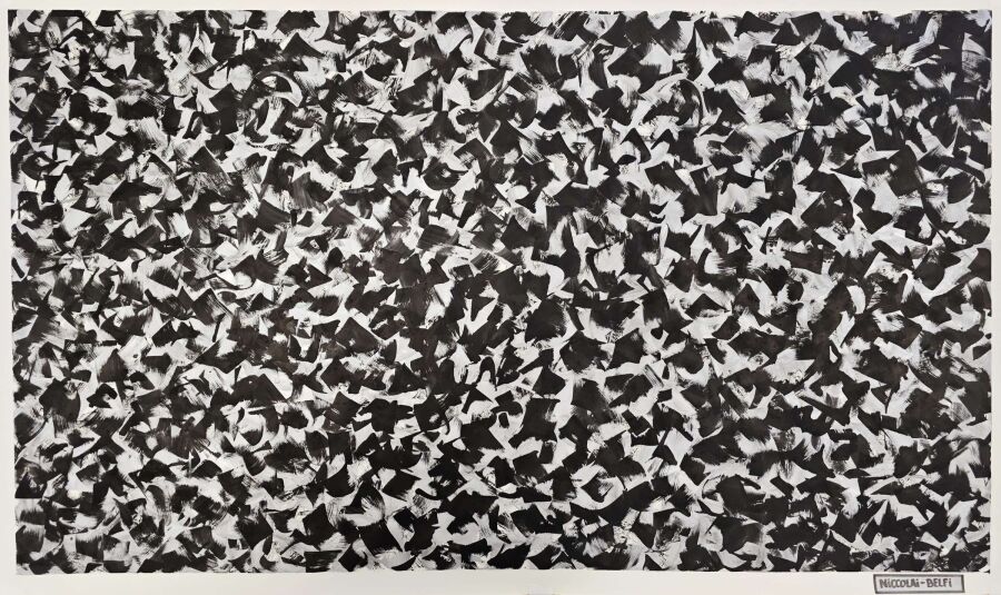 Small black ink strokes packed into a dense horizontal drift that darkens through the middle of the sheet.