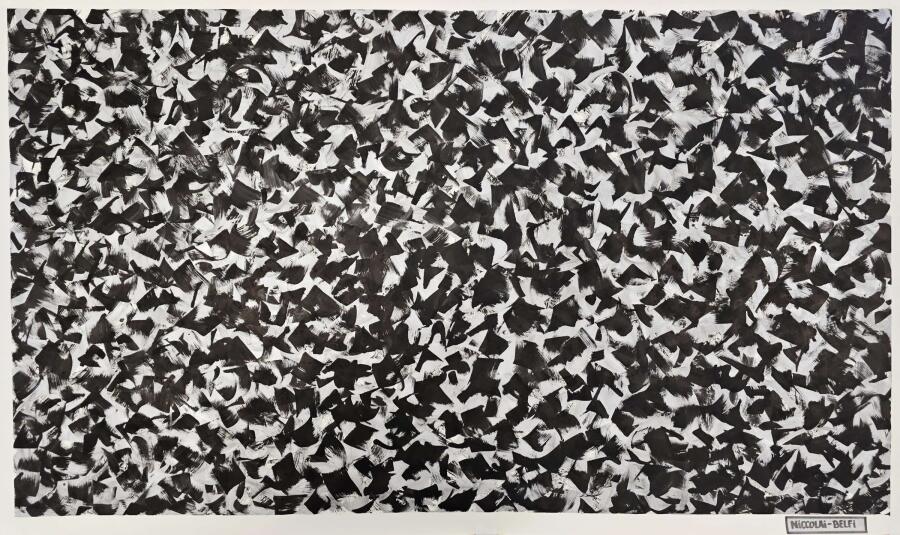 Small black ink strokes packed into a dense horizontal drift that darkens through the middle of the sheet.