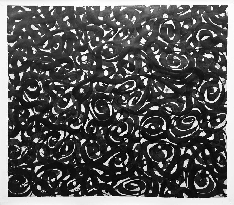 Large looping black brushstrokes filling the sheet edge to edge, coiling into tight spirals toward the bottom.