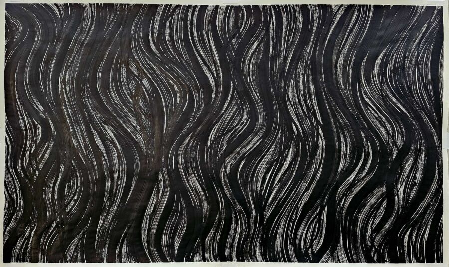 Long wavering black ribbons rising in vertical bands across a wide sheet, like flame or windblown hair.
