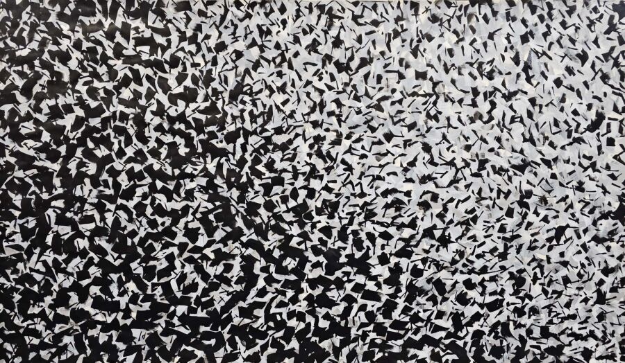 Thousands of small black marks speckled across white paper, collecting into a dark band along the lower edge.