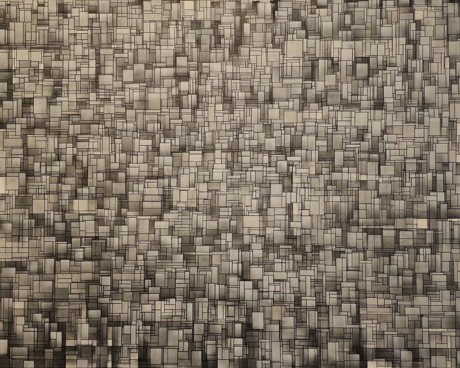 Grid of small overlapping rectangles in warm gray and tan, sprayed and outlined so the surface reads like woven cloth.
