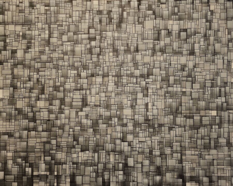 Grid of small overlapping rectangles in warm gray and tan, sprayed and outlined so the surface reads like woven cloth.
