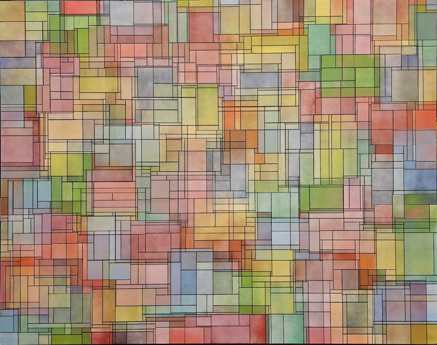 Grid of overlapping rectangles in red, green, blue and orange, each outlined in ink like panes of stained glass.