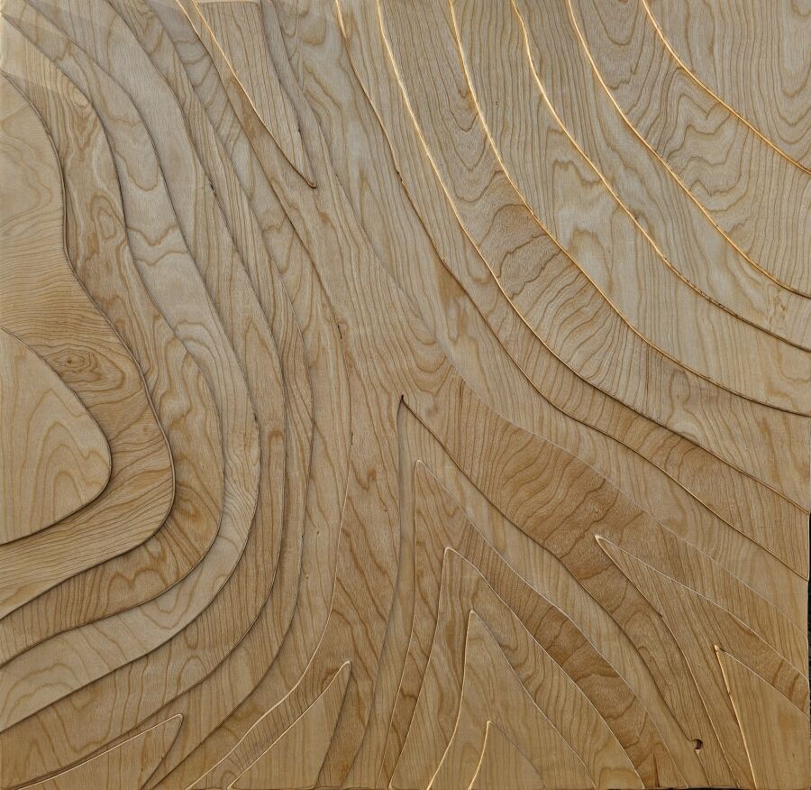Birch plywood carved into sweeping curved contours that follow the grain outward like the lines of a topographic map.