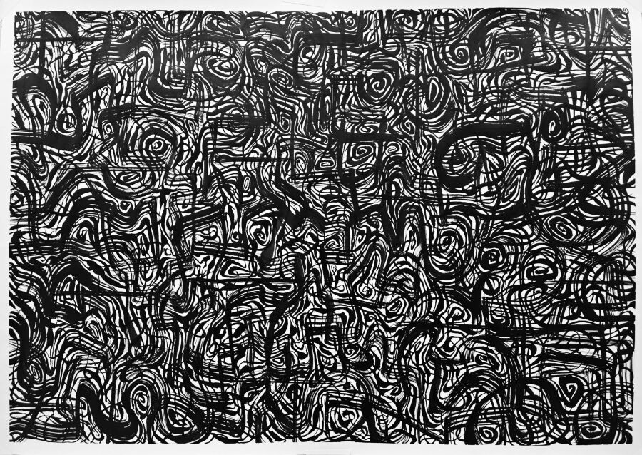 Tight black ink linework covering the sheet in small knots and spirals, packed together like dense handwriting.