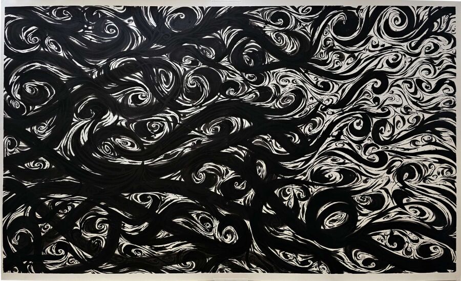 Black ink swirls and curls flowing across the sheet, breaking into finer eddies toward the right edge.