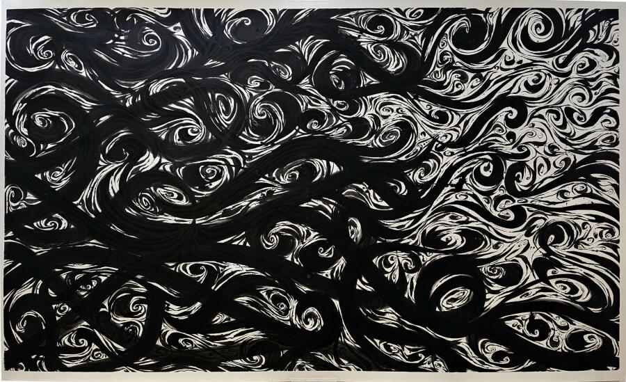 Black ink swirls and curls flowing across the sheet, breaking into finer eddies toward the right edge.