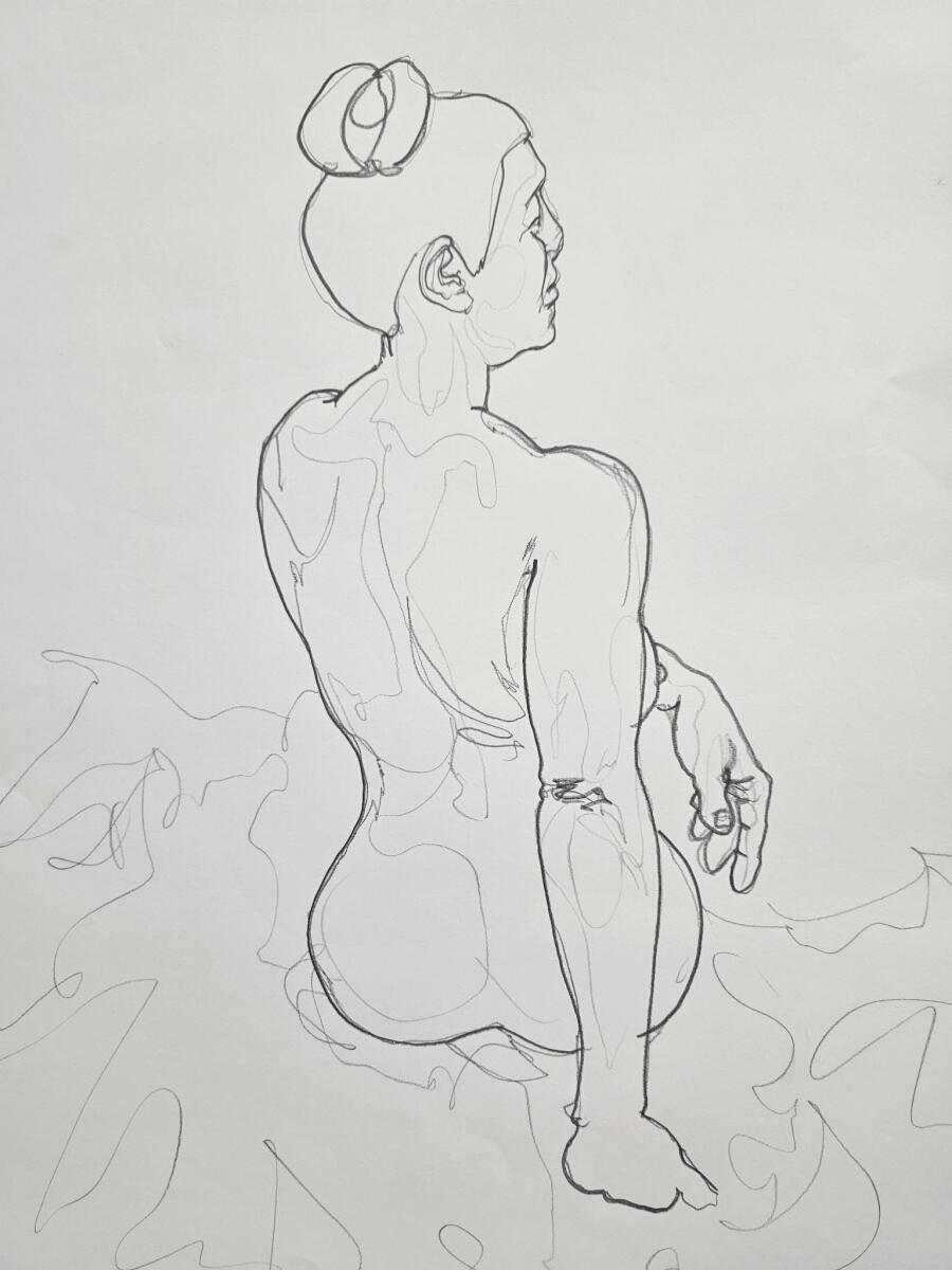 Pencil contour drawing of a nude figure seen from behind with hair tied up and the head turned to one side.