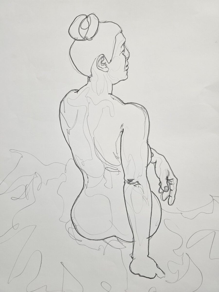 Pencil contour drawing of a nude figure seen from behind with hair tied up and the head turned to one side.