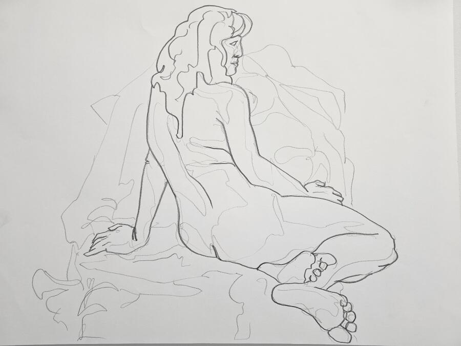Pencil contour drawing of a nude figure seated on drapery, turned away and looking back over one shoulder.