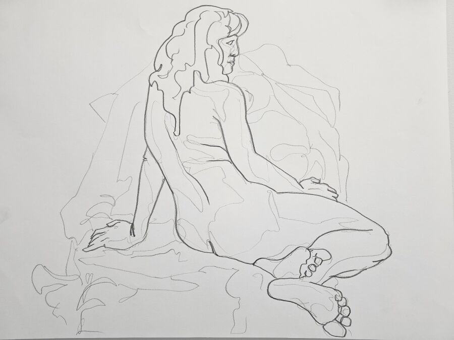 Pencil contour drawing of a nude figure seated on drapery, turned away and looking back over one shoulder.