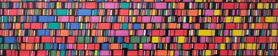 Long narrow band of small bright rectangles in red, blue, yellow and pink, stacked like a mosaic strip.