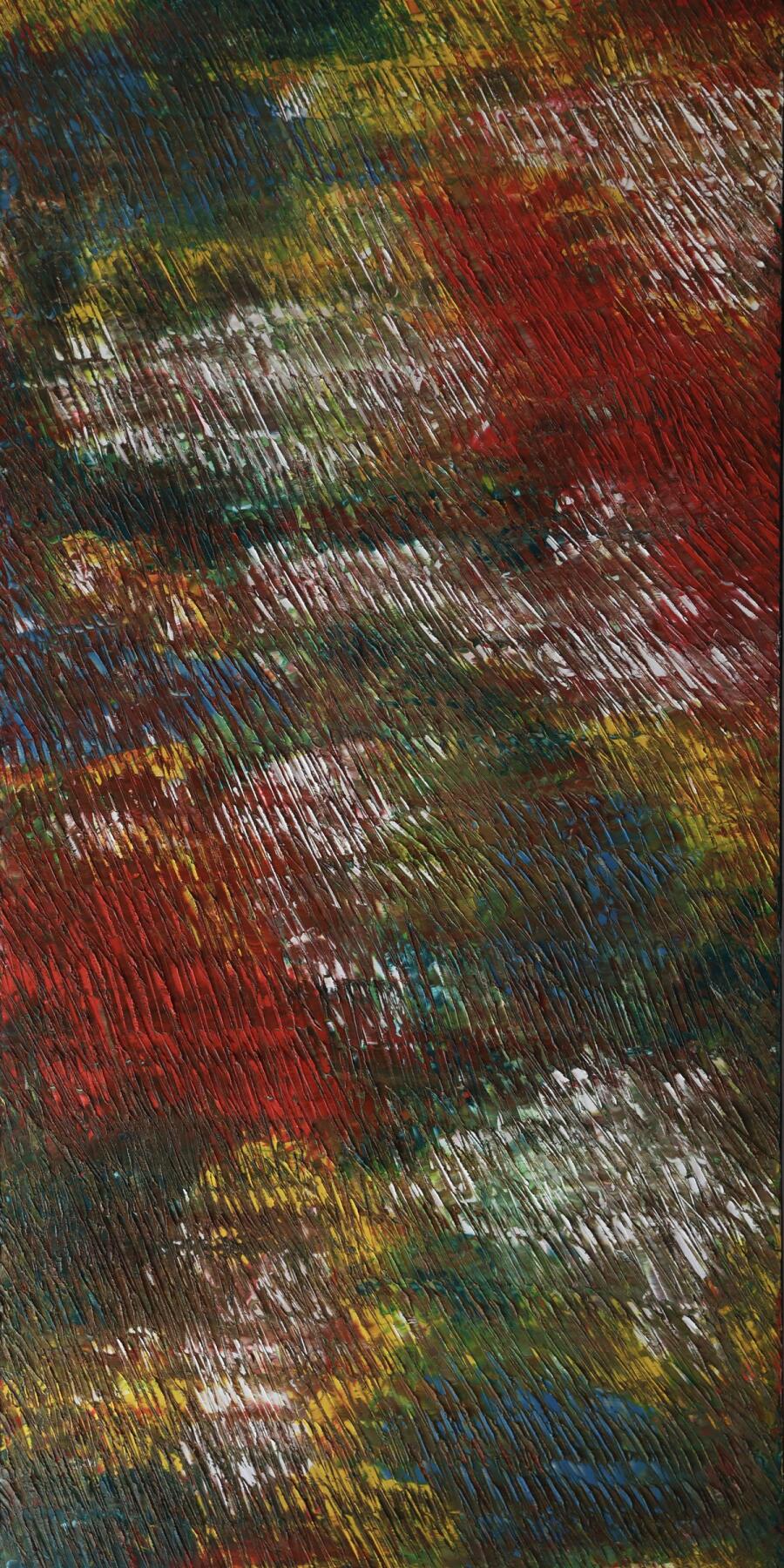 Tall panel of streaked red, gold and green oil paint scraped into rough horizontal bands.