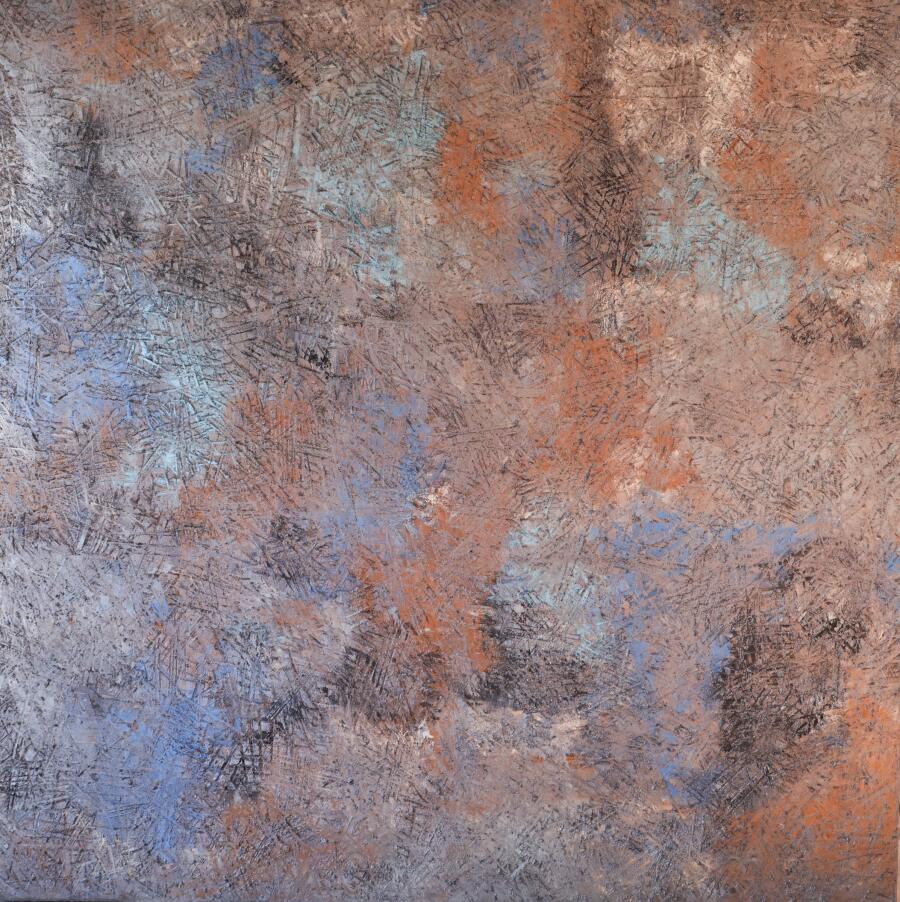 Square panel in dusty orange, lavender and gray, the paint stippled and rubbed into a soft crust.