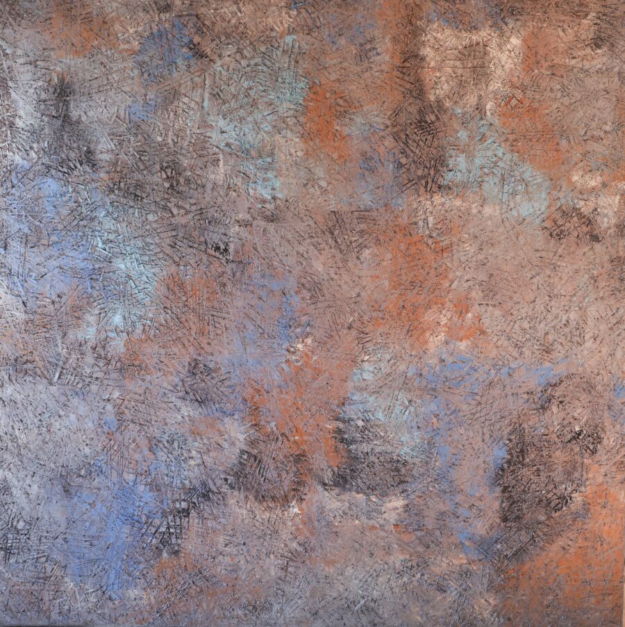 Square panel in dusty orange, lavender and gray, the paint stippled and rubbed into a soft crust.
