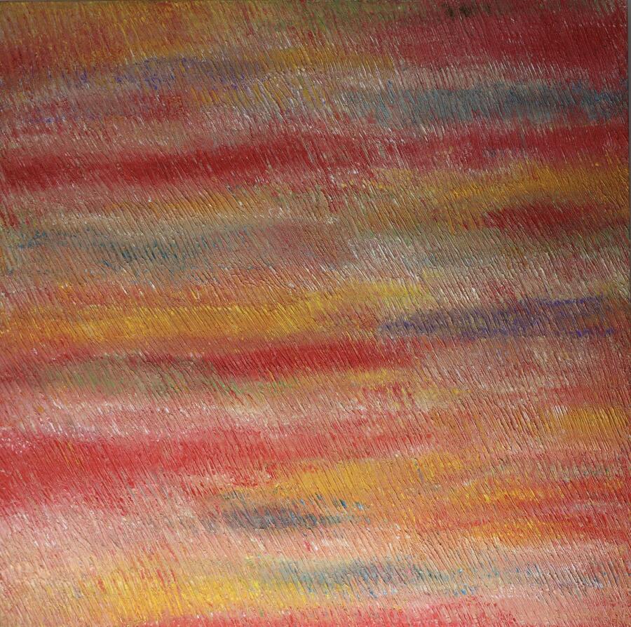 Horizontal bands of red, orange and gold combed across the panel in fine parallel strokes.