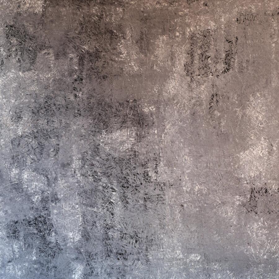 Square panel of mottled gray and white oil paint, scraped and worn until it reads like weathered concrete.