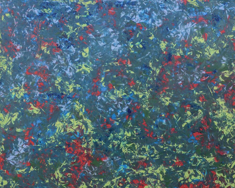 Blue-green field broken up by flecks of red, yellow and pale blue, like light coming through leaves.