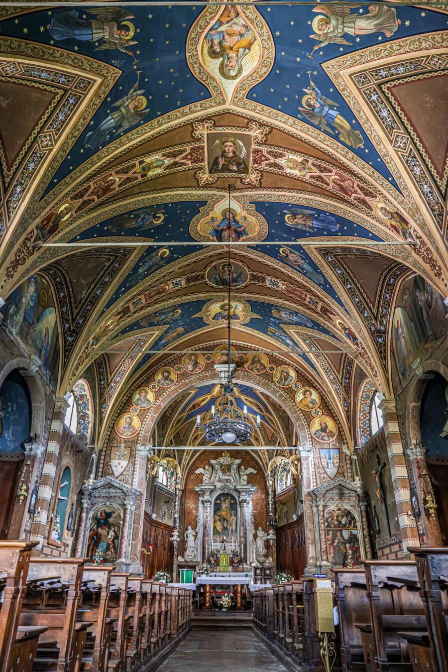 A vaulted church ceiling painted deep blue with gold stars and framed panels, above a narrow nave.