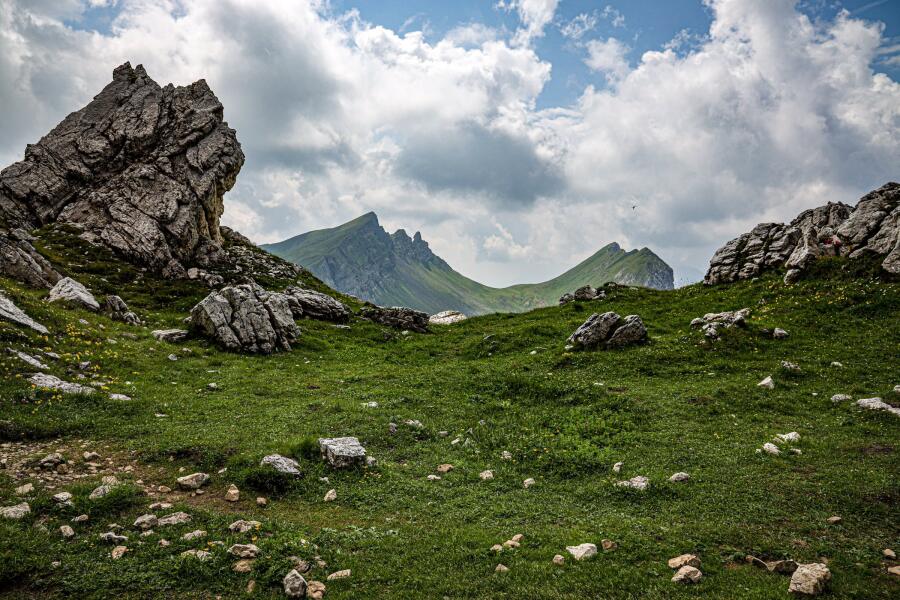 Scattered boulders on a green alpine pasture with a low ridge of rock peaks beyond.
