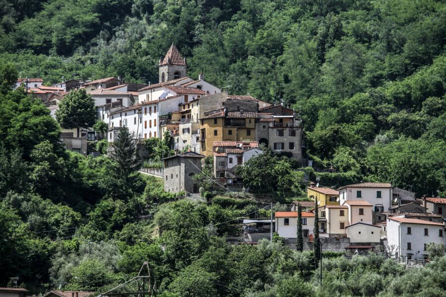 A hillside village of pale houses and terracotta roofs packed into dense green forest.